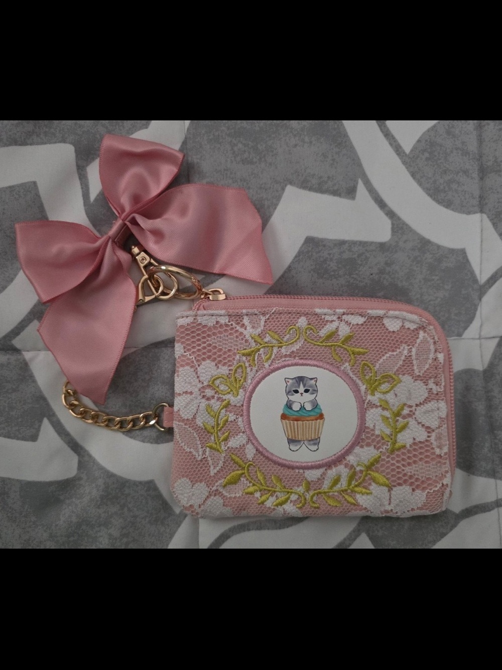 Pink Lace Zip Wallet with Cat Cupcake Motif